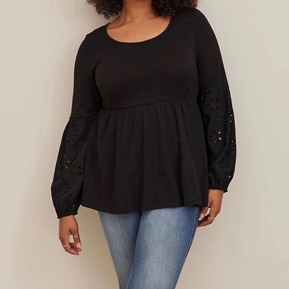 Torrid Black Slub Knit Eyelet Sleeve Babydoll Top